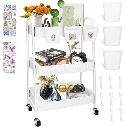 JOYBOY Carrito Auxiliar con Ruedas,Carrito de Cocina,Carro Rodante con Ruedas Bloqueables,Ganchos para Colgar Tazas,Marco de Acero,Carro Servicio 3 Niveles,con Lindas Pegatinas,Blanco