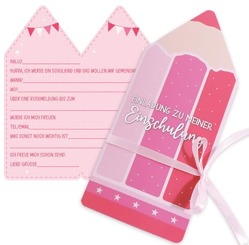 COMOOKA 12x Einladungskarten Einschulung Mädchen Rosa mit Buntstift Design | Faltbare Karten Einladung Einschulung, Schulanfang Einladungen mit Schleifenband, Einladungskarten Schuleinführung Mädchen