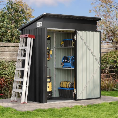 Aoxun Outdoor Storage Shed with Floor & 2 Adjustable Shelves, 5x3FT Galvanized Metal Shed with Air Vent and Lockable Door, Tool Storage, Bike Shed, Garden Tool Storage Shed, for Patio, Lawn, Black