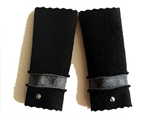 Armstulpen/Pulswärmer: Walkwolle (Walkloden, Kochwolle) in Schwarz und in Grau; Charm (Designer-Perle)