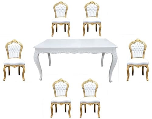 Casa Padrino Barock Esszimmer Set Weiß/Gold - Esstisch + 6 Stühle ohne Armlehnen