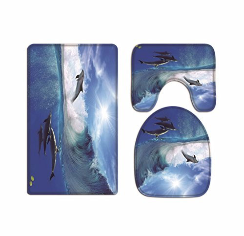 A.Monamour Badezimmer Badematte 3 Teilig Set Blau Meer Meer Nautische Delphin Surfen Auf Wellen Toilettenkappen Abdeckungen Flanell Saugfähig Badteppiche Badvorleger Badgarnitur WC Vorleger