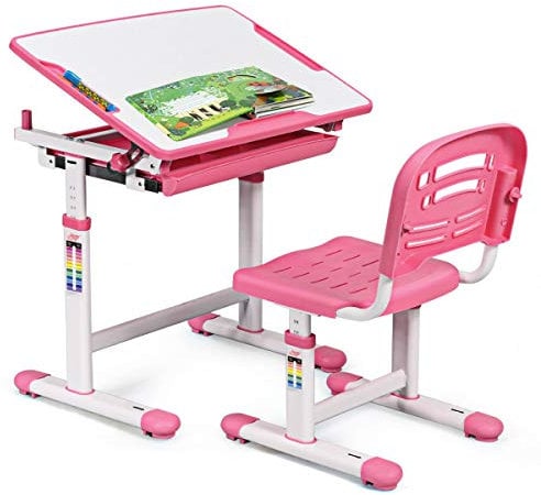 COSTWAY Kinderschreibtisch höhenverstellbar, Schülerschreibtisch Kindermöbel neigungsverstellbar, Kindertisch mit Stuhl, Schreibtisch Kinder, Farbewahl (Rosa)