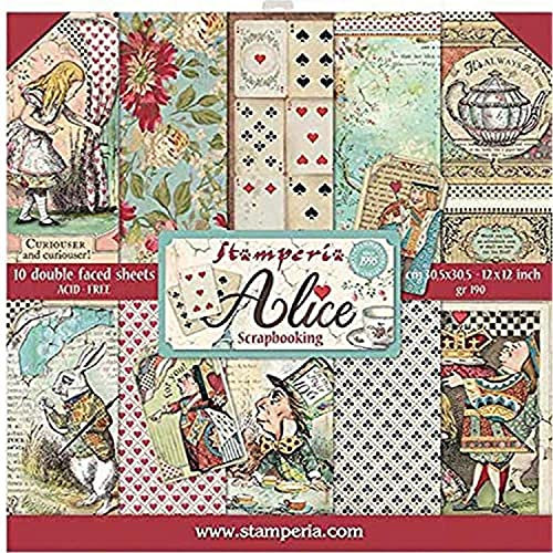 STAMPERIA SBBL52 Papierblock 10 Blätter doppelseitig Alice, Mehrfarbig, 30.5 x 30.5 (12 x 12)