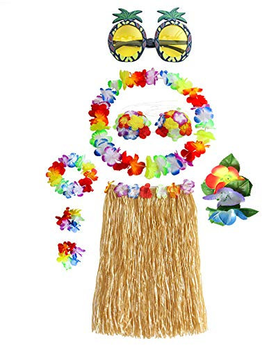 8 Stück Hawaiian Hula, Grass Rock Set, mit Halskette Armbänder für Party Fancy Dress und Tropical Beach für Erwachsene Unisex, Stirnband Blume BH Haarspange und Ananas Sonnenbrille Party Dekoration