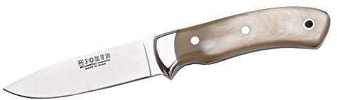 Joker Cuchillo de Monte Enterizo Pantera CA16 con Mango de asta de Toro, Hoja MOVA de 9,5 cm, Funda de Cuero incluída, Herramienta de Pesca, Caza, Camping y Senderismo