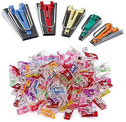 Yicbor Schrägband Maker 6 mm 12 mm 18 mm 25 mm Stoff Schrägband Maker mit Binder Fuß Bradawl Quilting Clips Nähnadeln Kit Bias Tape Maker(5in1)+100pcs clips