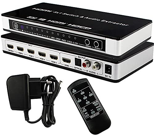 Unocho hdmi Switch 4k hdmi umschalter 4k 5 Port unterstützt 4k@30hz hdmi switcher 5 in 1 Out hdmi splitter1080p Ultra Full hd 3D-arc mit Fernbedienung