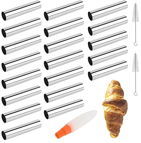 Corne Pâtisserie en Acier Inoxydable, FantasyDay Lot de 20 Moules à Cornets Pain Tube Croissant avec 3 Brosse de Nettoyage - Cannoli Moule pour Croissants, Douilles Pâtisserie, Gâteau, Moule à Pain