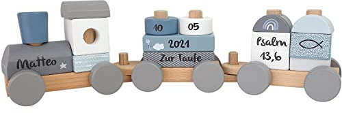 Tauf Eisenbahn I personalisiert Zug blau I Holz Eisenbahnen I Geschenk zur Taufe Taufgeschenk I Holzzug Baby I Taufgeschenk Jungen personalisiert I Maße: 41 x 5 x 11 cm