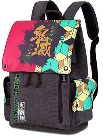 Roffatide Anime Demon Slayer Tomioka Giyuu Canvas Laptop Rucksack Damen Herren Canvas-Rucksack-Klappe Bedruckte Schultasche Büchertasche