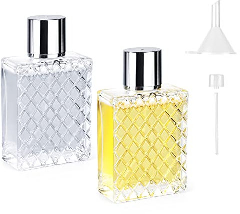 Ysimple 2 Pezzi 100ml Boccette Profumi Vuoti,Boccetta Profumo Ricaricabile,Boccetta Profumo di Vetro,Bottiglia di Profumo da Viaggio con Pipette e Tramoggia,per Viaggiare,Festa,Vita Quotidiana