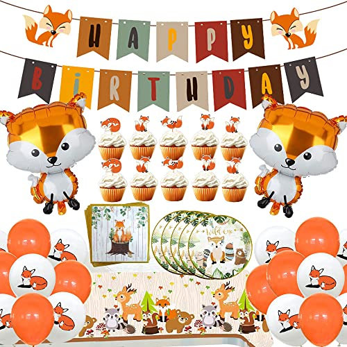 Fuchs-Geburtstagsfeier Dekorationen - Party-Set Mit Happy-Birthday-Banner, Luftballons und Verschiedenen Partygeschirr-Artikeln