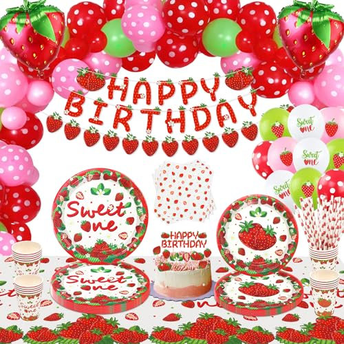 185 Pack Fresa Decoraciones Primer Cumpleaños Productos Para Fiestas Dulce Un Fruta de Verano Vajilla Set Platos, Vasos, Manteles, Globos, Servilletas 20 Porciones