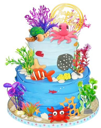 16 PCS Sea & Ocean Cake Toppers Under the Sea Animals Birthday Cake Decorations for Baby Shower & Birthday Party Supplies