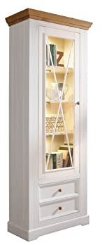möbelando Vitrine WZ-0133 aus Kiefer massiv in weiß mit 2 Schubladen und Einer Tür. Abmessungen (BxHxT) 79x214x42 cm