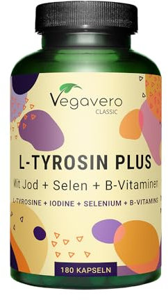 L-Tyrosin 1.200 mg | Mit Jod, Selen & B-Vitamine für Energie* & Psyche* | Aus Fermentation, vegan & Ohne Zusatzstoffe | 180 Kapseln | Deutsche Produktion von Vegavero®