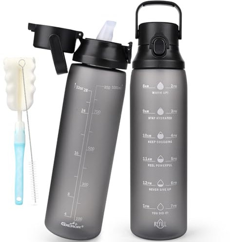 Trinkflasche 1L, BPA-freie, Wasserflasche mit Strohhalm, Trinkflasche Sport mit Motivierender Zeitmarkierung, Auslaufsichere Sportflasche Ideal für Fitnessstudio, Schule, Büro und im Freien Dunkelgrau
