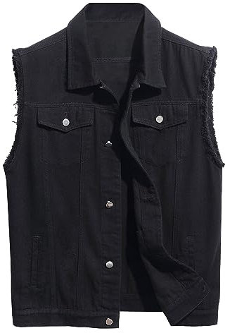 LONGBIDA Men's Denim Vest Sleeveless Ripped Slim fit Distressed Jean Jacket, No-rip Black, Large