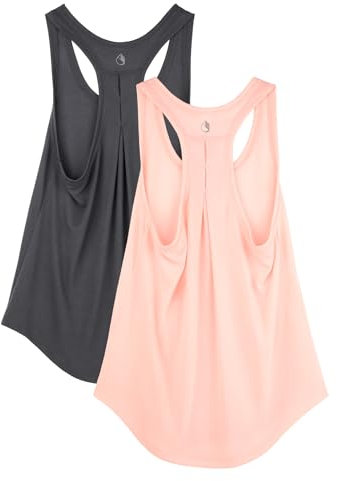 icyzone Damen Sport Top Racerback Leichte Yoga Tank Tops Fitness Casual Shirt Oberteile, 2er Pack (Dark Grey/Flush Pink, S)