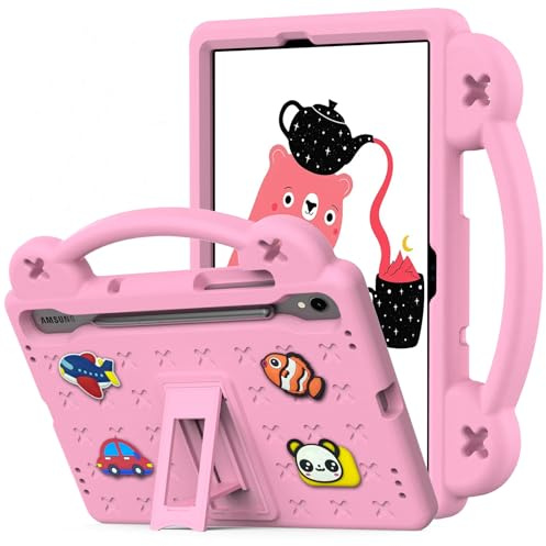 Kids Case for Samsung Galaxy Tab S10 Lite/ S10 FE 2025/ S9 FE 10.9 Inch/ S9 11 Inch 2023 Protective Cover with S-Pen Holder Handle Stand Lightweight Shockproof Cute Cover Pink