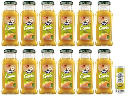 12er-Pack Yoga Pera e Nocciola,Fruchtsaft mit Birnen- und Haselnuss,Erfrischendes Getränk, 200ml Einweg-Glasflasche + 1er-Pack Kostenlos San Benedetto Eistee mit Zitrone Ohne Zucker 330ml Dose