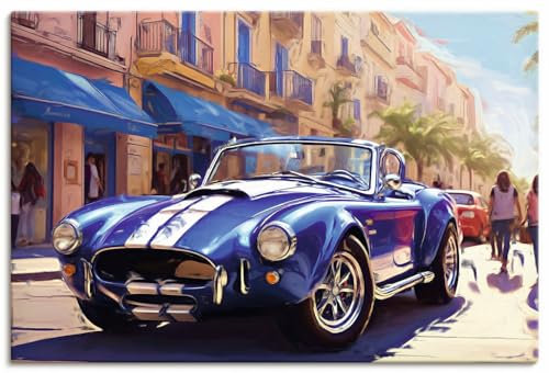ARTLAND Wanddeko Leinwand Bilder Wandbild 60x40 cm Auto Sportwagen Cabrio Shelby AC Cobra Blau Frankreich U5CU