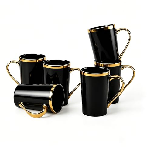Loymokinar Black and Gold Coffee Mugs Set of 6, 12 Oz Luxury Porcelain Cup Set with Gold Handle, Elegant Tazas de Cafe, Glossy Tea Cups for Gift - Not Microwave Safe