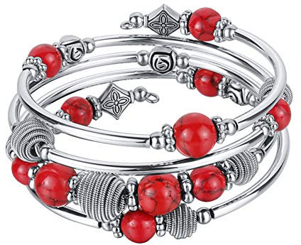 FULU AUTUMN Bracciale in Argento Multistrato da Donna Bracciale Avvolgente Boho Gioielli da Polso per Donna Regalo di Compleanno San Valentino(Red)