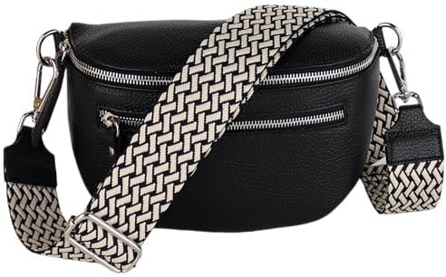 MIRROSI® Damen Bauchtasche Umhängetasche 27x14,5x8cm Damen, Made in Italy, aus Echtleder Tasche Echtes Leder, Brusttasche, Crossbody Bag,Bohemian Style (1 Tasche 2 Gurte) (Schwarz Flecht)