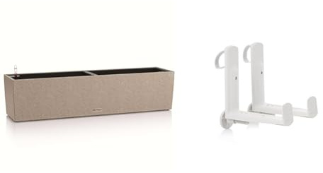 Lechuza BALCONERA Stone 80 sandbeige 15661 & Balkonkastenhalter Weiß(1 Stück = 1 Paar) weiß 19030