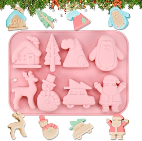 LPAMABA Moule à chocolat de Noël, 1 Lot de 8 Cavités Moule Silicone Noel Moules à Bonbons en Silicone Antiadhésif Moule en Silicone de Noël en forme de bonhomme de neige, Père Noël, sapins de Noël