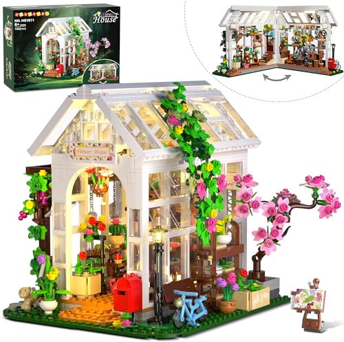 HOGOKIDS Kit casa di fiori con luce LED – 1332 pezzi giocattolo da costruzione casetta da giardino con fiori, piante in vaso, pappagallo, gatto, animali, modello serra per adulti bambini 6-12 anni