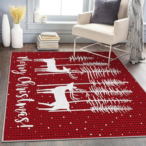 Teppich Quadratisch 150x150 Rot Weihnachten Teppich Kurzflor Waschbar in Waschmaschine Rentier Teppich Gegend rutschfest Dünn Saugfähig für Wohnzimmer Schlafzimmer Küchen
