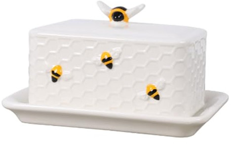 RoadLoo Ceramic Butter Dish, 1 Piece Butter Dishes Porcelain Butter Dishes with Handle, White Bee Butter Dish Made of Ceramic, Thick-Walled Butter Dish Butter Container Dishwasher Safe