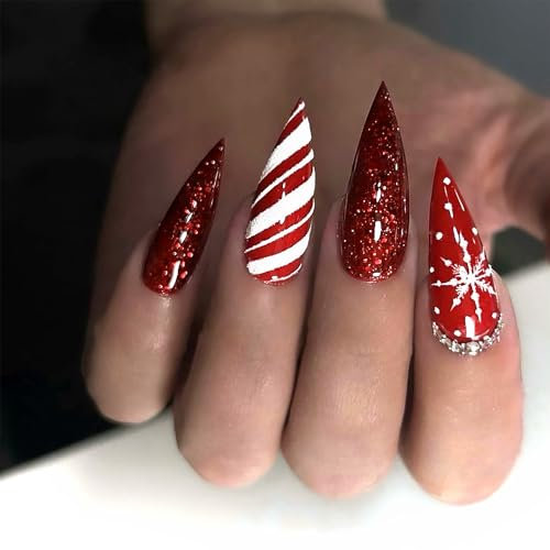 30PCS Christmas Nails - Glitter Red False Nails Long -Fake nails with Glue - Strong Press on nails Almond - Snowflake Candy Stripe Stick on Nails - Full Cover Nail Tips Nail Design
