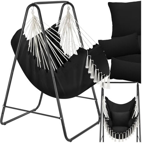 tectake® Hanging Chair in Boho Style with Tassels, Cosy Swing Chair with Thick Cushions, Large Side Pocket, Breathable Fabric & Durable Steel Frame, Hammock Chair for Indoor & Outdoor Use - Black