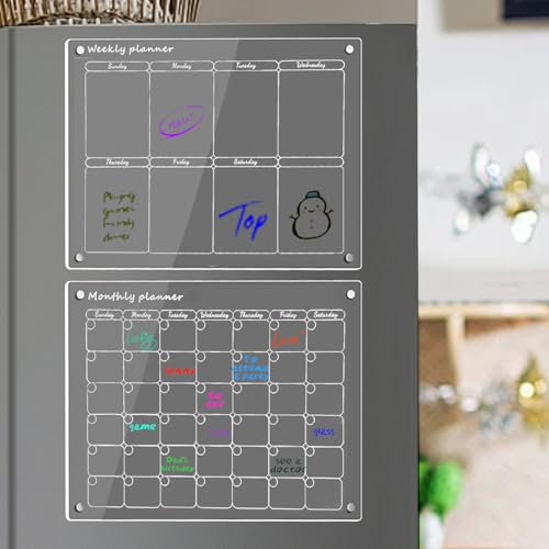 Flearitzo Magnetische Abwischbare Kalender 2 Stück Kühlschrank Acryl Monatsplaner Wochenplaner Kühlschrank ideal als Planer,Terminkalender,Einkaufsliste oder Nachrichtenboard (40x30cm)