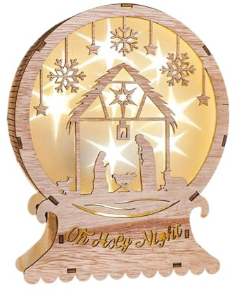 Weihnachtskrippe aus Holz - LED beleuchtete Krippe | Religiöse Weihnachtsdeko, Winter-Mittelstück für Mehrstufige Tabletts, Ferienhaus Dekoration