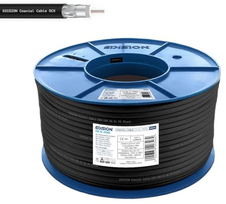 Edision OCX-100 Cable Coaxial 100m, Cable Antena TV Exterior/Interior PE Negro, Cobre CU/AL, 17PAtC, CPR Fca, Clase A, Cable Satélite, para DVB-S2, DVB-T/T2, DVB-C, RADIO, Bobina Plástico 100m