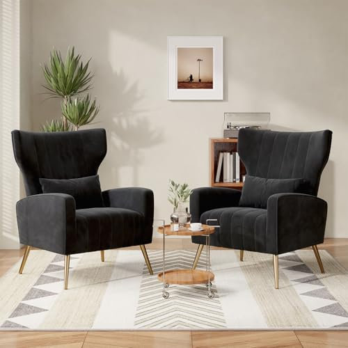 Hawthyhome 2er-Set Relaxsessel Fernsehsessel Ohrensessel mit Kopfkissen und Gold Metallfüßen Einzelsofa aus Samt bis 130kg Schlafzimmer/Wohnzimmer/Lounge Schwarz