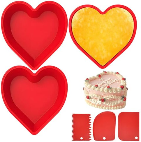 3 Pcs Silicone Heart Shaped Cake Tin,10 Inch Reusable Nonstick Love Heart Baking Moulds with 3 Scrapers,BPA Free Tray Heat Resistant Cake Pans for Cheesecake Chiffon Muffins Puddings Bread