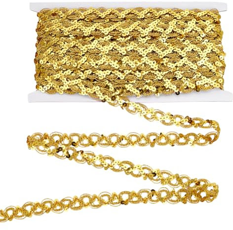 FINGERINSPIRE 13.7 m Gewellte Spitzenborte Mit Pailletten 18mm Breit S Wellen Pailletten Zopfstreifen Goldfarbenes Gewelltes Spitzenbesatzband Mit Pailletten Metallisches Spitzenband Zum Nähen