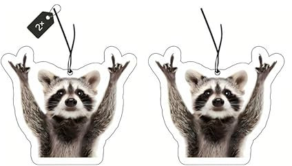 EleganceFresh 2 × Lufterfrischer mit Pedro Waschbär Motiv, Witziger Auto Duftbaum, Süß-fruchtiger Duft, Braun, Hängendes Papier, Auto Zubehör, Car Air Freshener