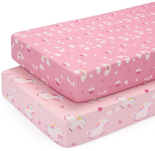 Yukkidds 2er Pack Baby Spannbettlaken Spannbetttücher 120 x 60 cm Elastizität Atmungsaktiv Mikrofaser Matratzenbezug Laken für Kinderbett Beistellbett Babybett, Rosa Einhorn