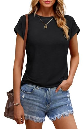 Wayleb T-Shirt Donna Estiva, Maglietta Basic Monocromatica con Manica ad Aletta, Top Girocollo Elegante e Traspirante per Lavoro & Ufficio – Nero M