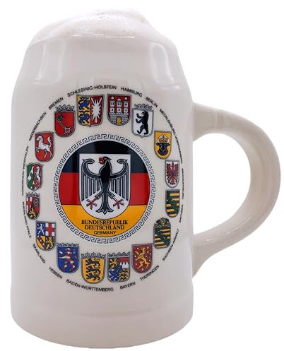 Crecontino Bierkrug “Deutschland • Bundesländer Wappen” 0,5L Bierfest Steinkrug Germany Beer Mug Geschenk für Papa Männer Geburtstag