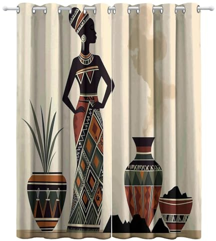 CozyRest Wohnzimmer Vorhänge Afrikanische Frau mit Vase Geometrie Ösen Gardinen mit Blickdichte Thermo Vorhang Kälteschutz Blackout Curtain Kinderzimmer Schlafzimmer Ösenvorhang H214 x B91.5 cm
