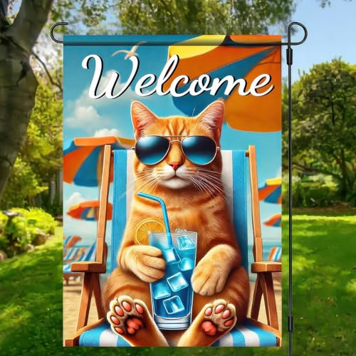 BlissYard Gartenflagge Hello Summer Beach Orange, Katze, 30,5 x 45,7 cm, doppelseitig, Sommer, Küste, saisonale tropische Pool-Flagge, tropischer Ozean, Meer, Outdoor, Hausdekoration