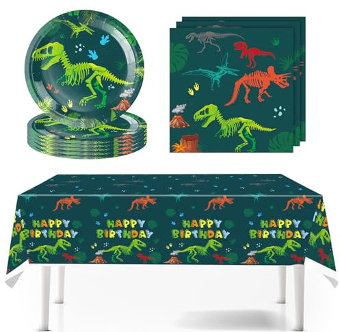 Vajilla de fiesta de dinosaurios, platos de papel para fiestas de cumpleaños infantiles, diseño de dinosaurio, platos de papel con animales de la selva para jóvenes, color verde